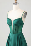 Dark Green A Line Beaded Corset Ruched Satin Long Prom Dress with Lace Up Back