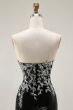 Sparkly Black Silver Mermaid Strapless Sequin Corset Strapless Long Prom Dress