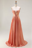 Metallic Orange A Line Corset Beaded Long Prom Dress with Lace Up Back