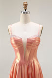 Metallic Orange A Line Corset Beaded Long Prom Dress with Lace Up Back