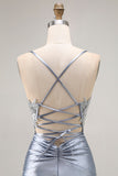 Grey Blue Mermaid Beaded Corset Long Prom Dress With Appliques