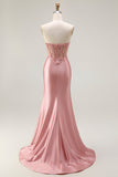 Sweetheart Blush Appliqued Corset Mermaid Beaded Long Prom Dress with Slit