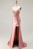 Sweetheart Blush Appliqued Corset Mermaid Beaded Long Prom Dress with Slit