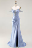 Blue Mermaid Cold Shoulder Beaded Convertible Corset Long Prom Dress with Cape Sleeves