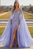 Lilac Mermaid Cold Shoulder Beaded Convertible Corset Long Prom Dress with Cape Sleeves