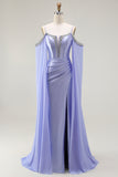 Lilac Mermaid Cold Shoulder Beaded Convertible Corset Long Prom Dress with Cape Sleeves