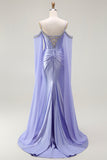 Lilac Mermaid Cold Shoulder Beaded Convertible Corset Long Prom Dress with Cape Sleeves