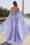 Lilac Mermaid Cold Shoulder Beaded Convertible Corset Long Prom Dress with Cape Sleeves
