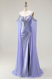 Lilac Mermaid Cold Shoulder Beaded Convertible Corset Long Prom Dress with Cape Sleeves