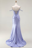 Lilac Mermaid Cold Shoulder Beaded Convertible Corset Long Prom Dress with Cape Sleeves