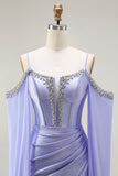 Lilac Mermaid Cold Shoulder Beaded Convertible Corset Long Prom Dress with Cape Sleeves