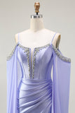 Lilac Mermaid Cold Shoulder Beaded Convertible Corset Long Prom Dress with Cape Sleeves