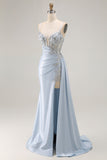 Light Blue Mermaid Appliqued Corset Long Prom Dress With Slit