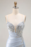 Light Blue Mermaid Appliqued Corset Long Prom Dress With Slit