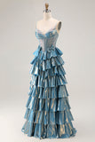 Blue Metallic A-Line Corset Tiered Long Prom Dress With Beading