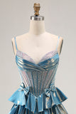 Blue Metallic A-Line Corset Tiered Long Prom Dress With Beading