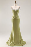 Green Mermaid Corset Beaded Long Prom Dress with Lace Up Back