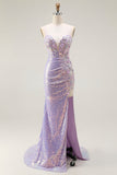 Sparkly Lilac Mermaid Corset Sequins Floral Appliqued Long Prom Dress with Slit