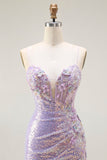 Sparkly Lilac Mermaid Corset Sequins Floral Appliqued Long Prom Dress with Slit
