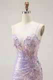 Sparkly Lilac Mermaid Corset Sequins Floral Appliqued Long Prom Dress with Slit