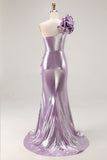 Metallic Lilac One-Shoulder Long Prom Dress with Draped Ruffle Detail