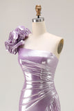 Metallic Lilac One-Shoulder Long Prom Dress with Draped Ruffle Detail