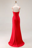 Red Mermaid Corset Spaghetti Straps Ruched Satin Long Prom Dress