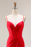 Red Mermaid Corset Spaghetti Straps Ruched Satin Long Prom Dress