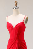 Red Mermaid Corset Spaghetti Straps Ruched Satin Long Prom Dress