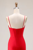 Red Mermaid Corset Spaghetti Straps Ruched Satin Long Prom Dress