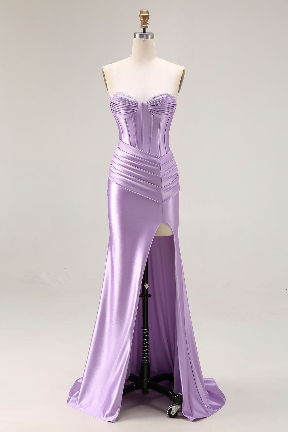 Strapless Purple Mermaid Corset Pleated Long Prom Dress With Slit Strapless Purple Mermaid Corset Pleated Long Prom Dress With Slit