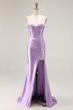 Strapless Purple Mermaid Corset Pleated Long Prom Dress With Slit