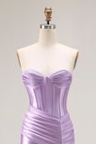 Strapless Purple Mermaid Corset Pleated Long Prom Dress With Slit