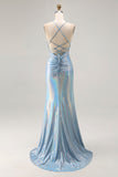 Light Blue Metallic Ruched Mermaid Lace Up Back Long Prom Dress With Slit