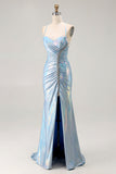 Light Blue Metallic Ruched Mermaid Lace Up Back Long Prom Dress With Slit