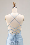 Light Blue Ruched Mermaid Lace Up Back Long Prom Dress With Slit