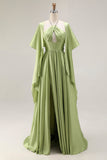 Sage Green A Line Corset Keyhole Satin Long Prom Dress with Cap Sleeves