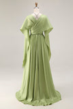 Sage Green A Line Satin Corset Keyhole Long Evenning Dress with Cap Sleeves