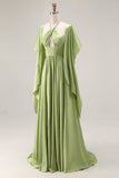 Sage Green A Line Satin Corset Keyhole Long Evenning Dress with Cap Sleeves