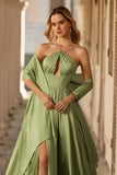 Sage Green A Line Corset Keyhole Satin Long Prom Dress with Cap Sleeves