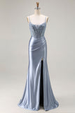 Grey Blue Beaded Mermaid Corset Pleated Long Prom Dress with Slit