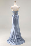 Grey Blue Beaded Mermaid Corset Pleated Long Prom Dress with Slit