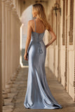 Grey Blue Beaded Mermaid Corset Pleated Long Prom Dress with Slit