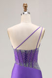 Dark Purple Mermaid One Shoulder Corset Long Prom Dress With Beading