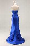Royal Blue Strapless Beaded Corset Mermaid Pleated Long Prom Dress with Slit