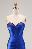 Royal Blue Strapless Beaded Corset Mermaid Pleated Long Prom Dress with Slit