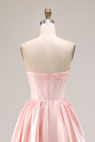 Pink A Line Sweetheart Satin Corset Long Prom Dress with Beading