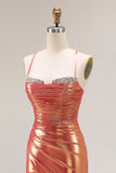 Metallic Orange Mermaid Beaded Ruched Long Prom Dress with Slit