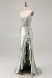 Dusty Sage Sweetheart Applique Corset Mermaid Sequin Long Prom Dress with Ruffle Slit