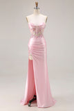 Strapless Pink Mermaid Corset Appliqued Sequin Long Prom Dress With Slit